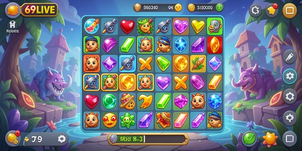 Gameplay seru mencocokkan permata dalam 69LIVE.