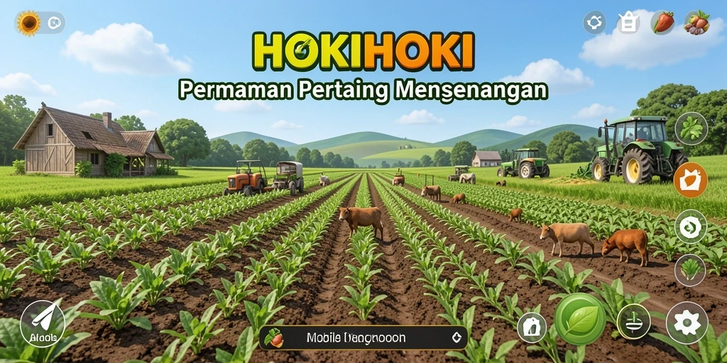 Tampilan gameplay HOKIHOKI dengan lahan pertanian yang hijau dan subur.