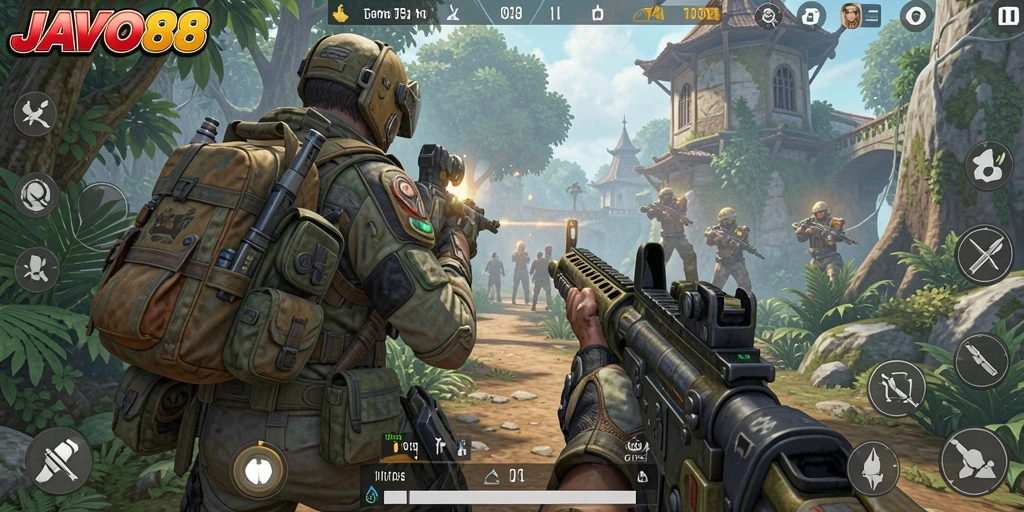 Screenshot gameplay <strong>JAVO88</strong> menampilkan aksi seru dalam pertempuran TPS.