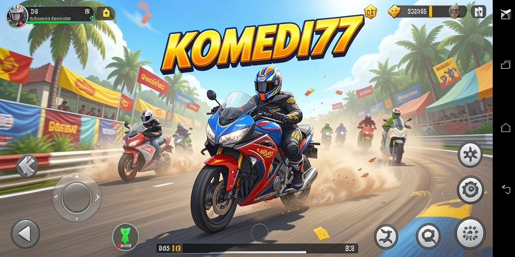 Tampilan gameplay seru dalam KOMEDI77 dengan aksi balapan motor.