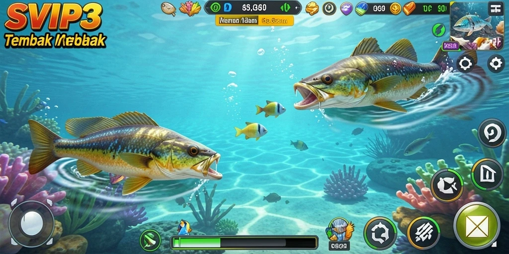 Tampilan gameplay seru dari SVIP3 dengan beragam ikan yang menarik untuk ditangkap.